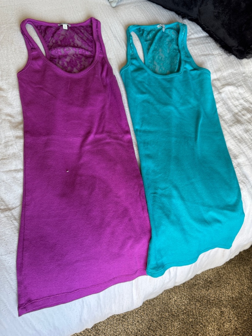 Purple & Teal Lace-Back Tunic Tanks